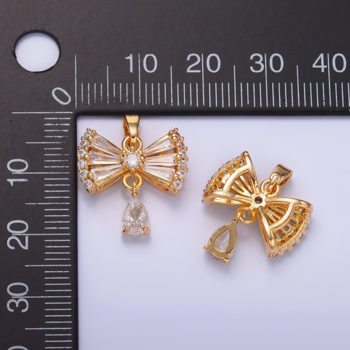 24K Gold plated Bow Ribbon Teardrop Baguette CZ Micro Paved Drop Pendant | AA1436 - DLUXCA