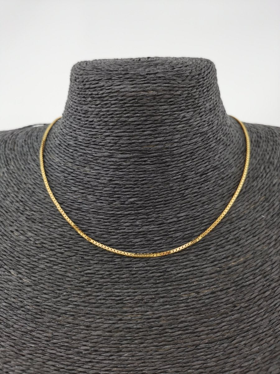 24K Gold plated Box Chain Necklace, 17.5 inch Box Finished Necklace For Jewelry Making, Dainty 1.1mm Box Necklace w/ Spring Ring | CN-294 - DLUXCA