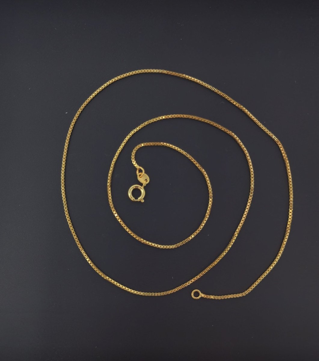 24K Gold plated Box Chain Necklace, 19.6" Box Finished Chain For Jewelry Making, Dainty 1mm Box Necklace w/ Spring Ring | CN-593 - DLUXCA