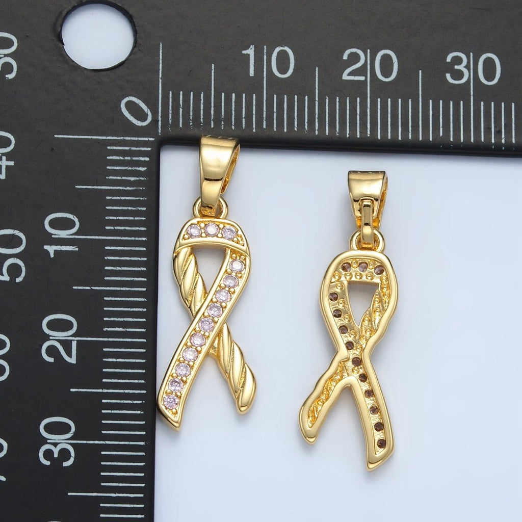 24K Gold plated Breast Cancer Awareness Ribbon Pink Micro Paved CZ Pendant | I499 - DLUXCA