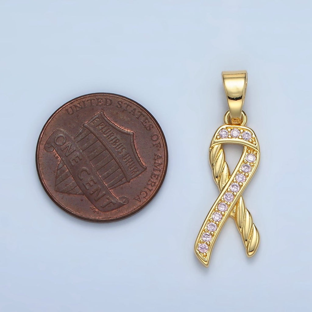 24K Gold plated Breast Cancer Awareness Ribbon Pink Micro Paved CZ Pendant | I499 - DLUXCA