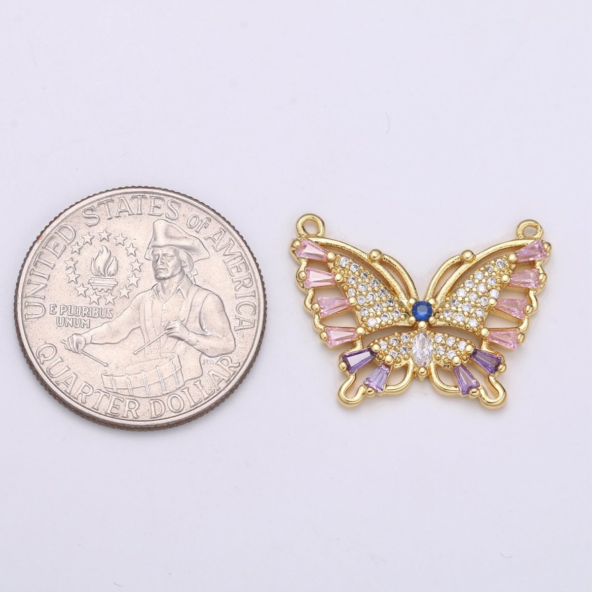 24K Gold plated Butterfly Charm Connector Pink Mariposa Butterfly Charm Micro Pave CZ Butterfly Charm Cubic Pendant for Necklace Component F-555 - DLUXCA