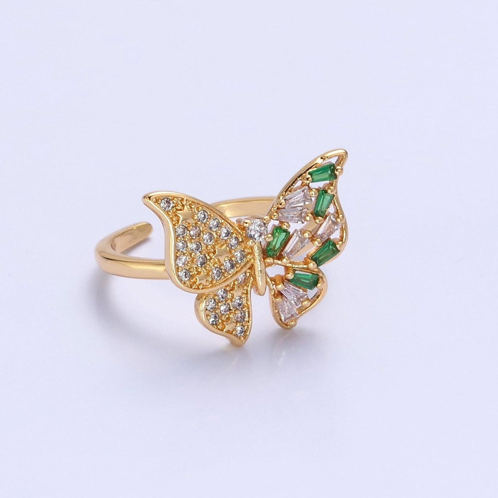 24K Gold plated Butterfly Cubic Zirconia Ring, Half Micro Pave Half Baguette Mariposa Wings Ring O-2292 - DLUXCA