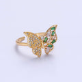 24K Gold plated Butterfly Cubic Zirconia Ring, Half Micro Pave Half Baguette Mariposa Wings Ring O-2292 - DLUXCA