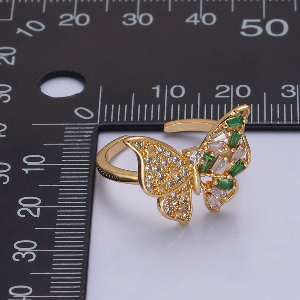 24K Gold plated Butterfly Cubic Zirconia Ring, Half Micro Pave Half Baguette Mariposa Wings Ring O-2292 - DLUXCA