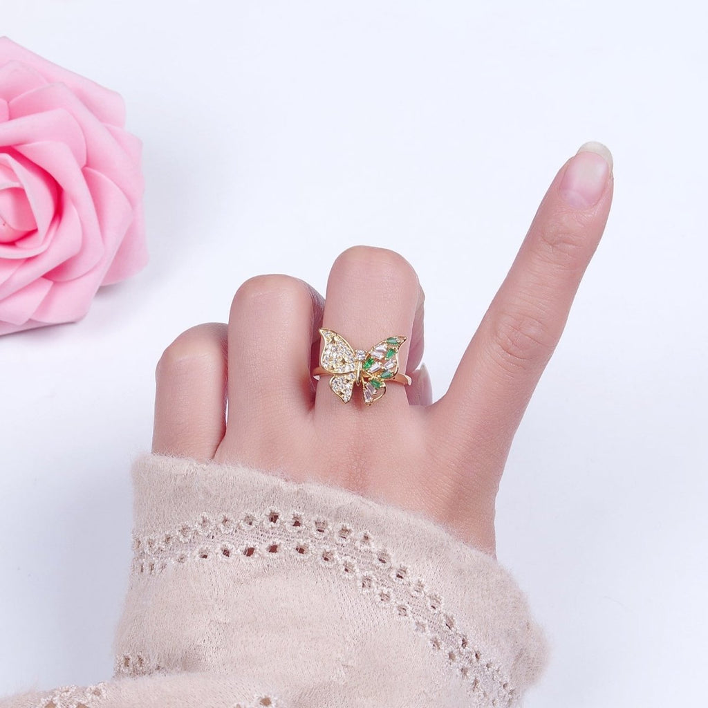 24K Gold plated Butterfly Cubic Zirconia Ring, Half Micro Pave Half Baguette Mariposa Wings Ring O-2292 - DLUXCA