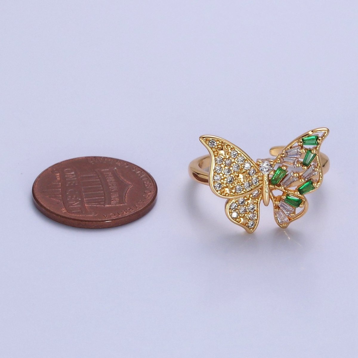 24K Gold plated Butterfly Cubic Zirconia Ring, Half Micro Pave Half Baguette Mariposa Wings Ring O-2292 - DLUXCA