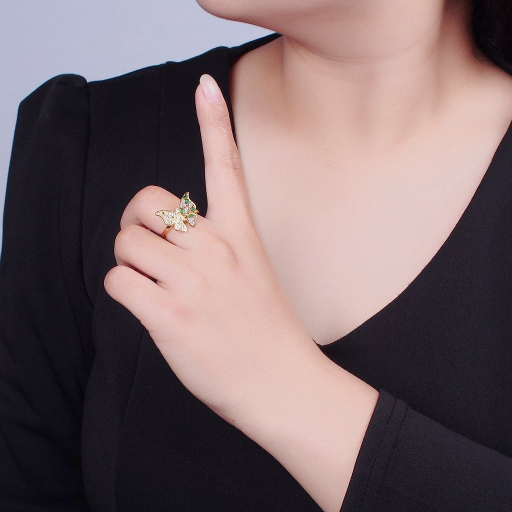 24K Gold plated Butterfly Cubic Zirconia Ring, Half Micro Pave Half Baguette Mariposa Wings Ring O-2292 - DLUXCA