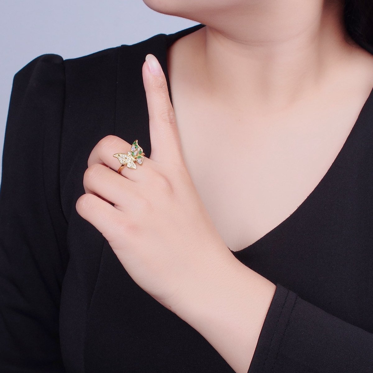 24K Gold plated Butterfly Cubic Zirconia Ring, Half Micro Pave Half Baguette Mariposa Wings Ring O-2292 - DLUXCA