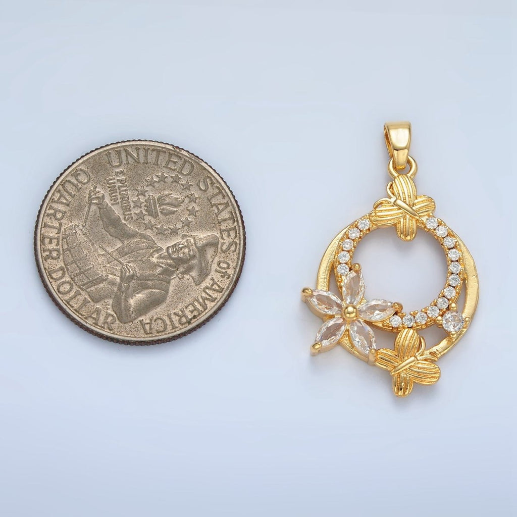 24K Gold plated Butterfly Flower CZ Micro Paved Round Pendant | AA892 - DLUXCA