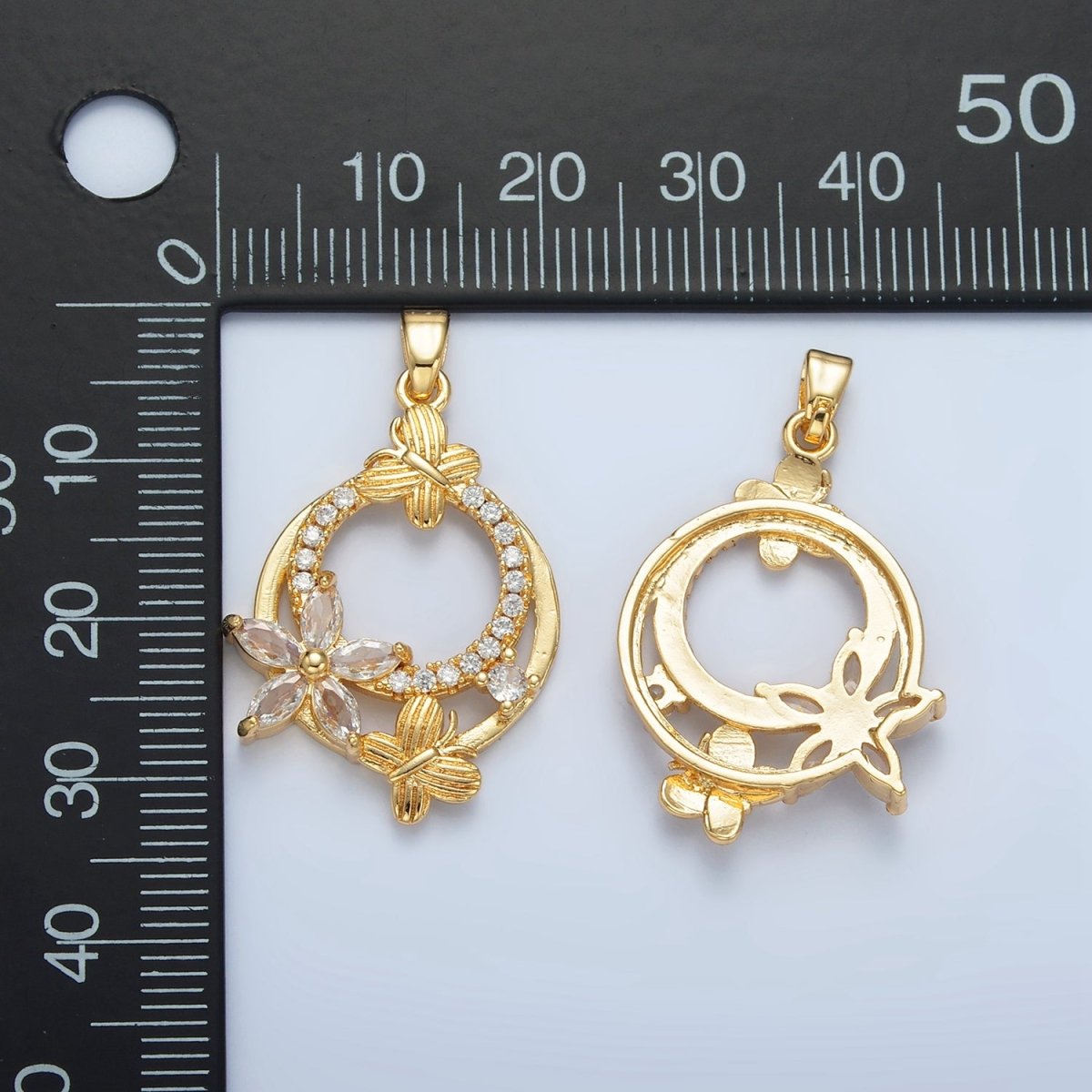 24K Gold plated Butterfly Flower CZ Micro Paved Round Pendant | AA892 - DLUXCA