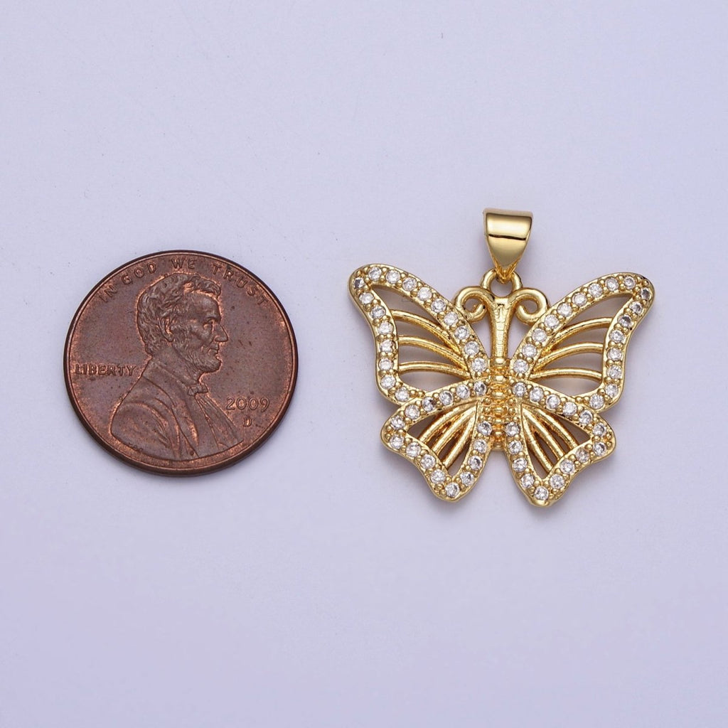 24K Gold plated Butterfly Mariposa Micro Paved CZ Wings Pendant H-364 - DLUXCA