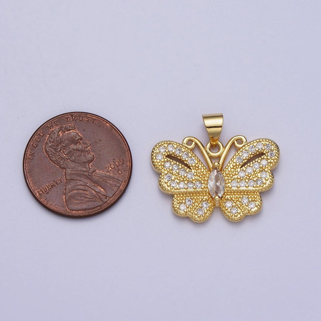 24K Gold plated Butterfly Mariposa Micro Paved Marquise CZ Pendant H-323 - DLUXCA