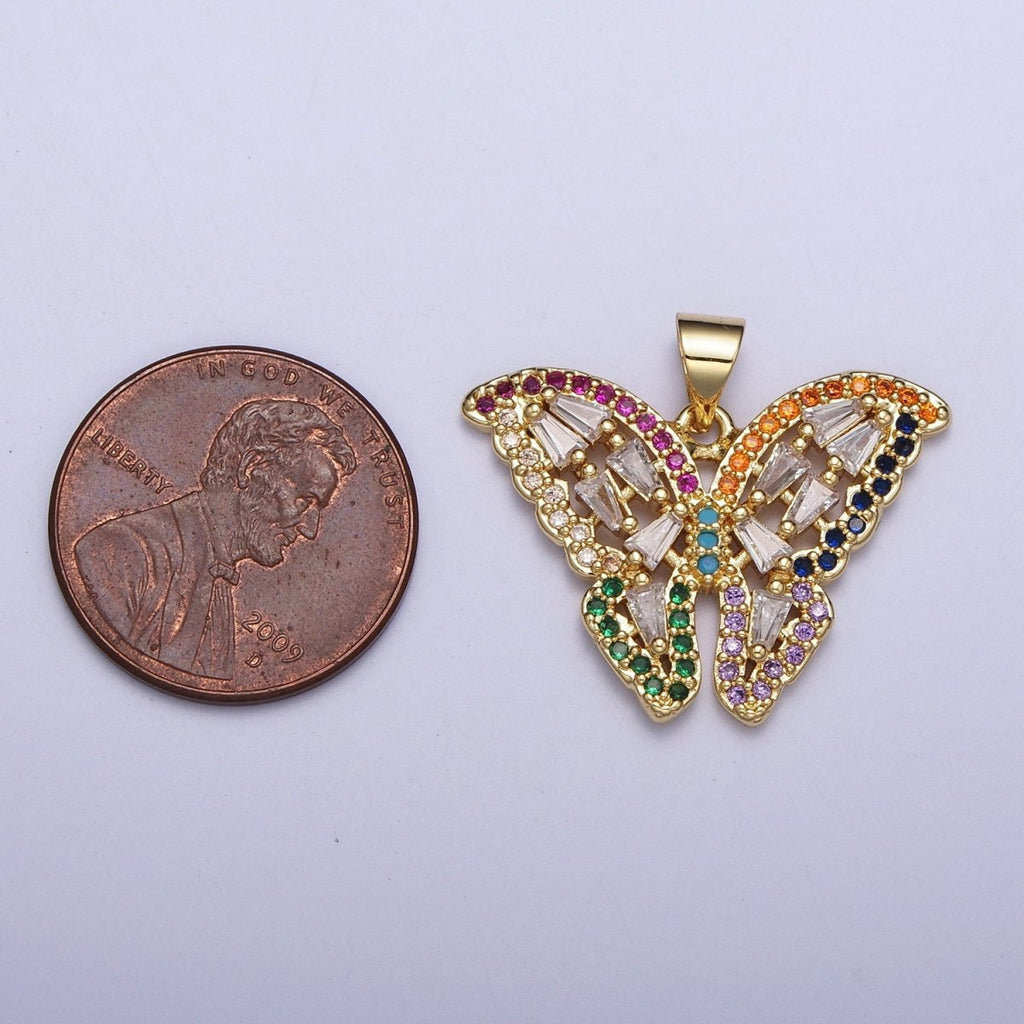 24K Gold plated Butterfly Mariposa Multicolor Micro Paved Baguette Pendan H-351 - DLUXCA