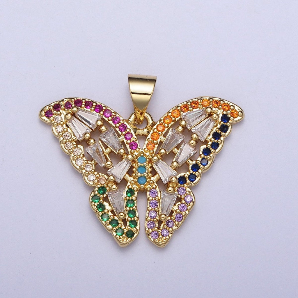 24K Gold plated Butterfly Mariposa Multicolor Micro Paved Baguette Pendan H-351 - DLUXCA