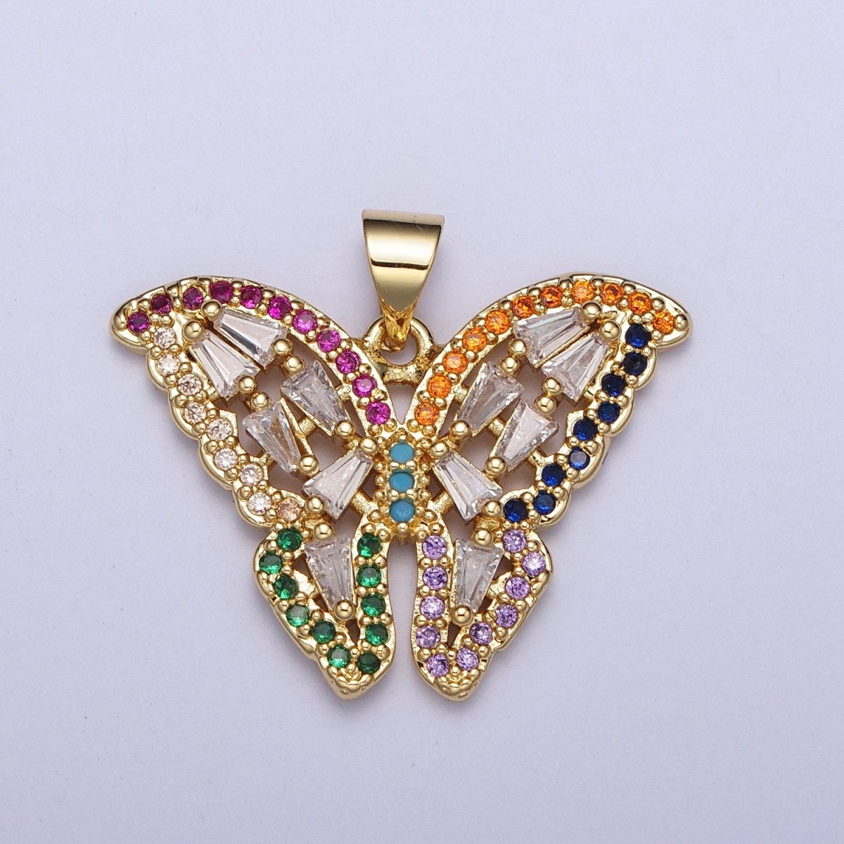 24K Gold plated Butterfly Mariposa Multicolor Micro Paved Baguette Pendan H-351 - DLUXCA