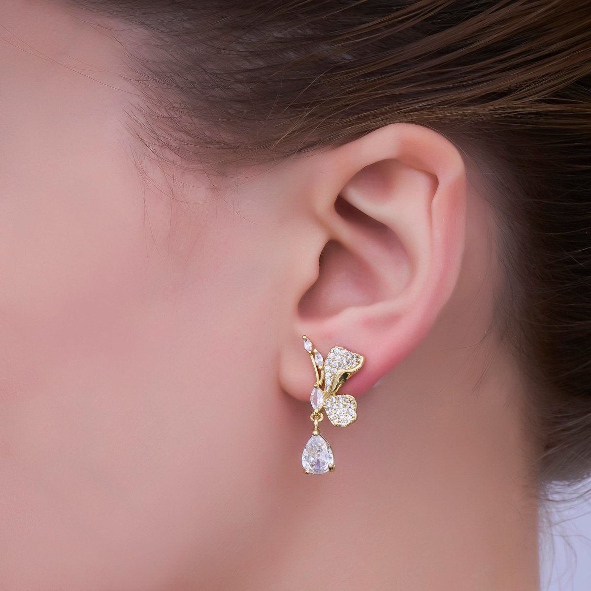 24K Gold plated Butterfly Micro Paved CZ Teardrop Drop Stud Earrings Set | AB711 