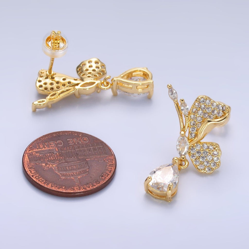 24K Gold plated Butterfly Micro Paved CZ Teardrop Drop Stud Earrings Set | AB711 