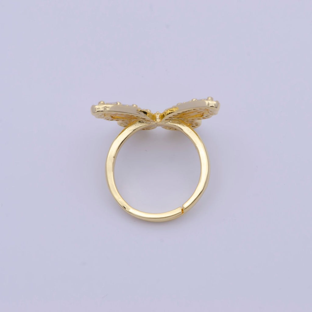 24K Gold plated Butterfly Ring Clear Baguette Mariposa Ring Adjustable Ring X-613 - DLUXCA