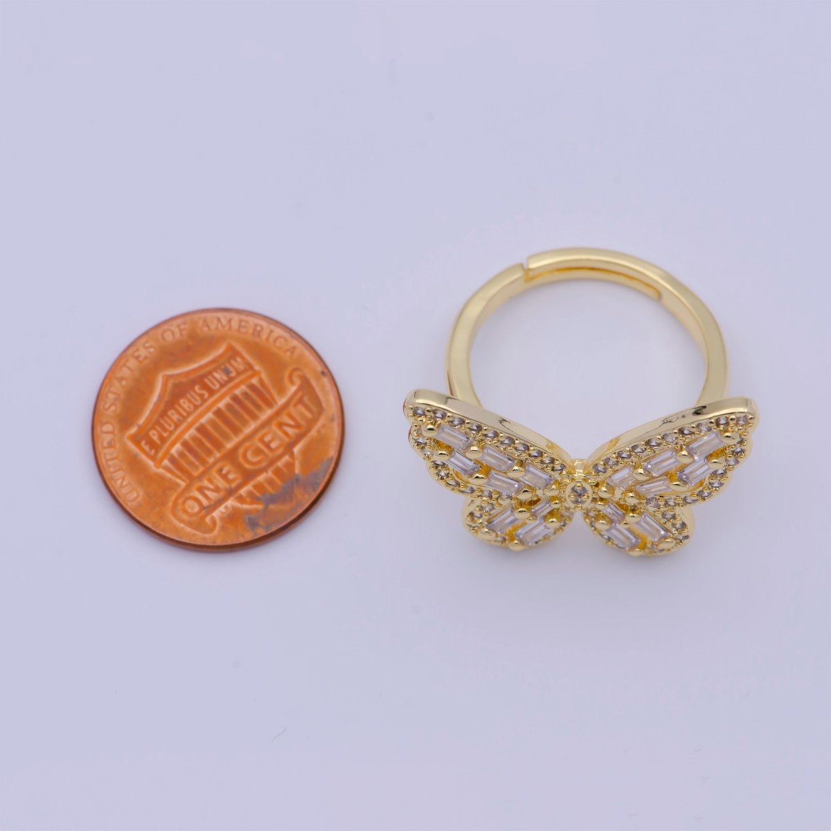 24K Gold plated Butterfly Ring Clear Baguette Mariposa Ring Adjustable Ring X-613 - DLUXCA