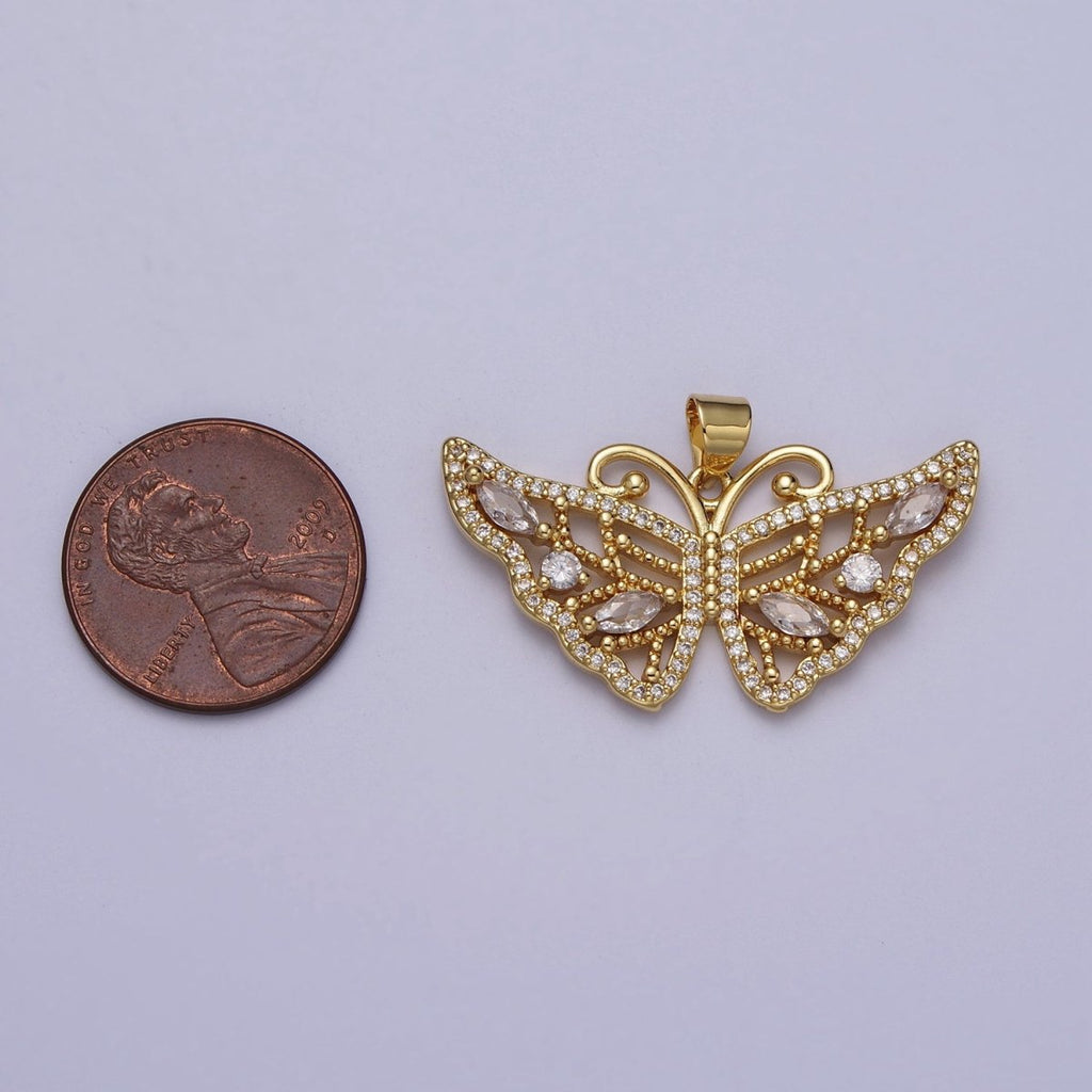24K Gold plated Butterfly Wings Beaded Marquise Micro Paved CZ Pendant H-401 - DLUXCA