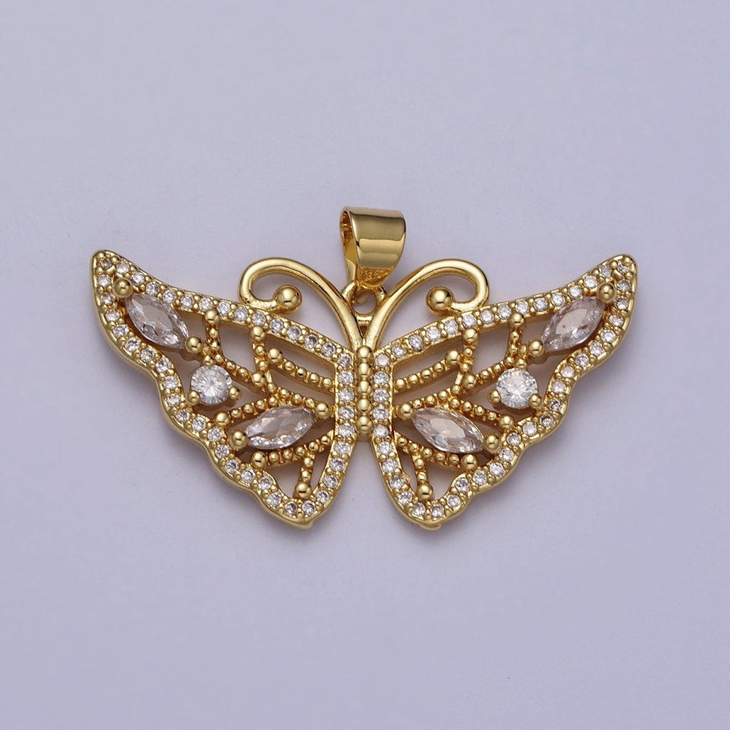 24K Gold plated Butterfly Wings Beaded Marquise Micro Paved CZ Pendant H-401 - DLUXCA