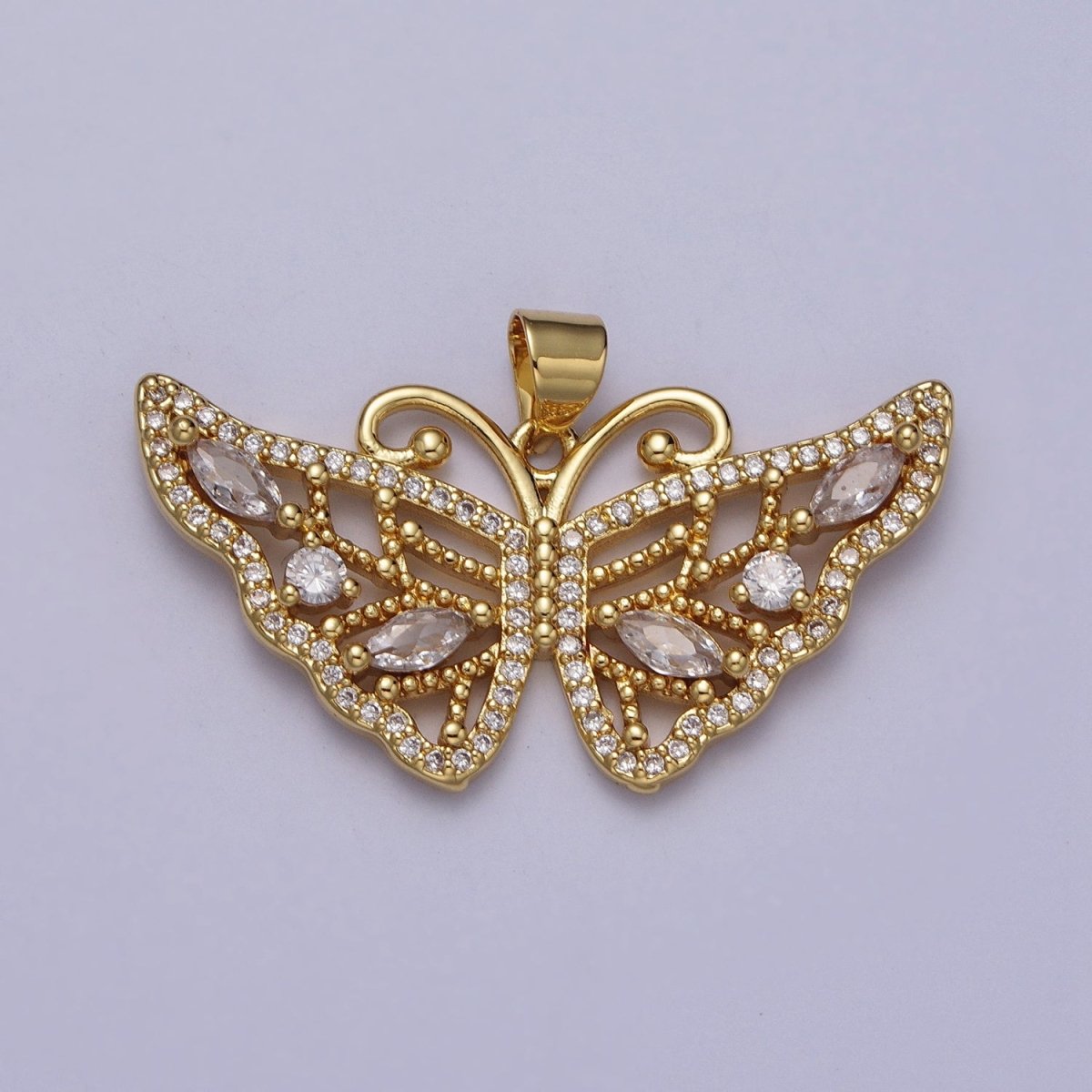 24K Gold plated Butterfly Wings Beaded Marquise Micro Paved CZ Pendant H-401 - DLUXCA