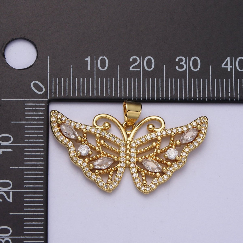 24K Gold plated Butterfly Wings Beaded Marquise Micro Paved CZ Pendant H-401 - DLUXCA