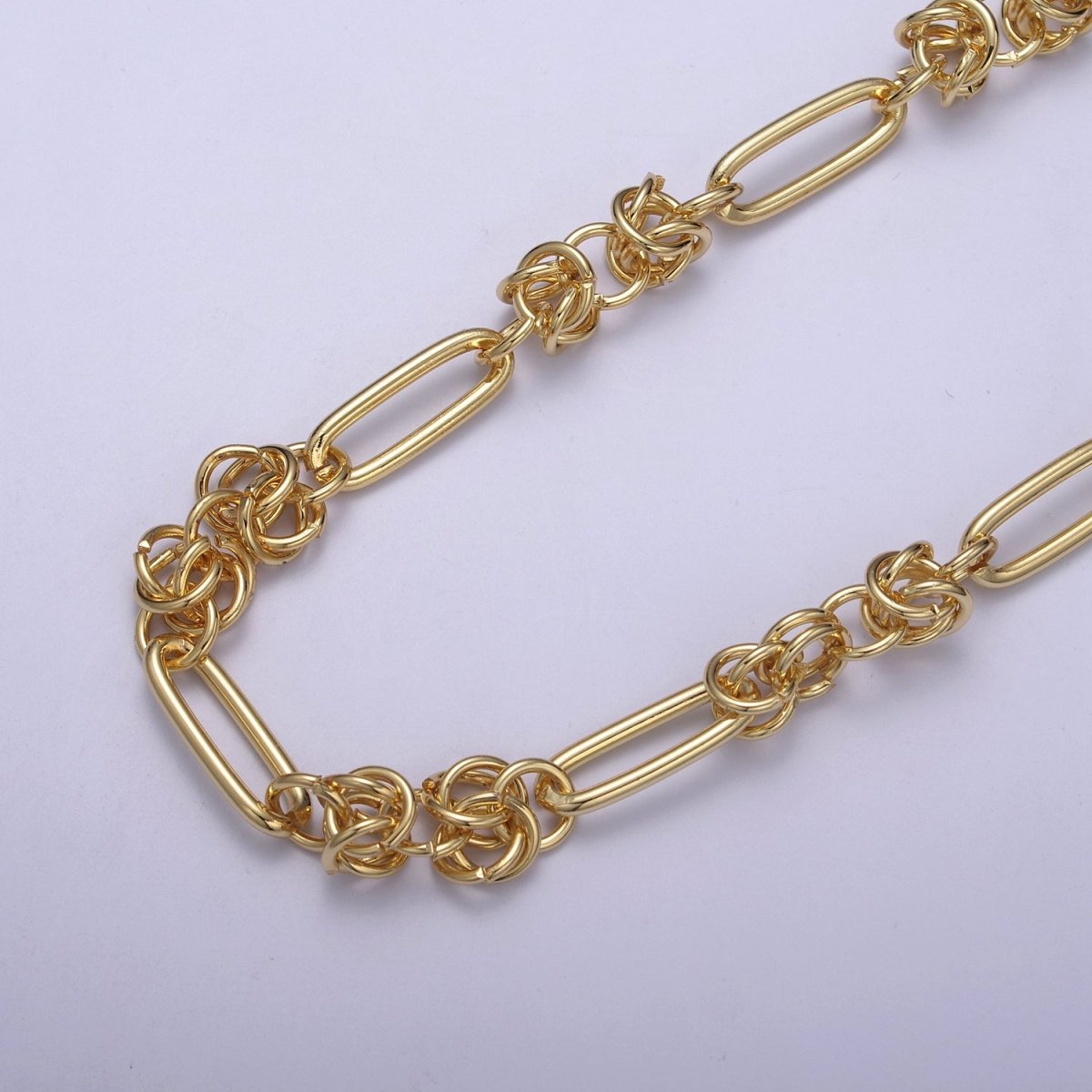 24K Gold plated Byzantine Birdcage Paperclip Unfinished Chain Supply Component, 21X7.8mm Paper Clip Chain with Multiple 8mm Round Rolo Link | ROLL-648 Clearance Pricing - DLUXCA