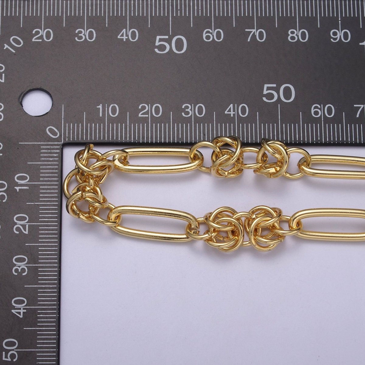 24K Gold plated Byzantine Birdcage Paperclip Unfinished Chain Supply Component, 21X7.8mm Paper Clip Chain with Multiple 8mm Round Rolo Link | ROLL-648 Clearance Pricing - DLUXCA