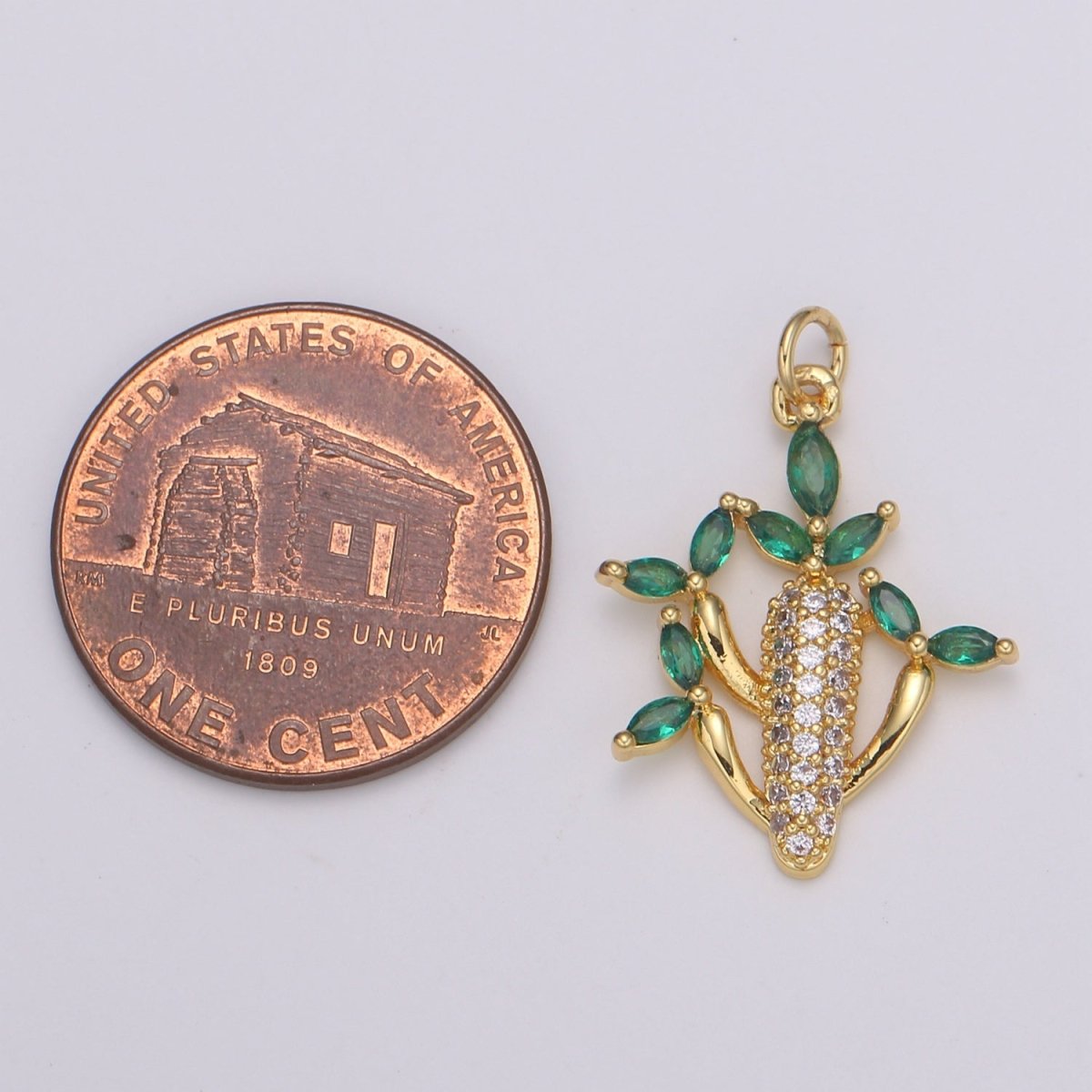 24k Gold plated Cactus green leaf CZ Charm, Succulent Zirconia Pendant, Corncob Cubic Pave for DIY craft making E-199 - DLUXCA