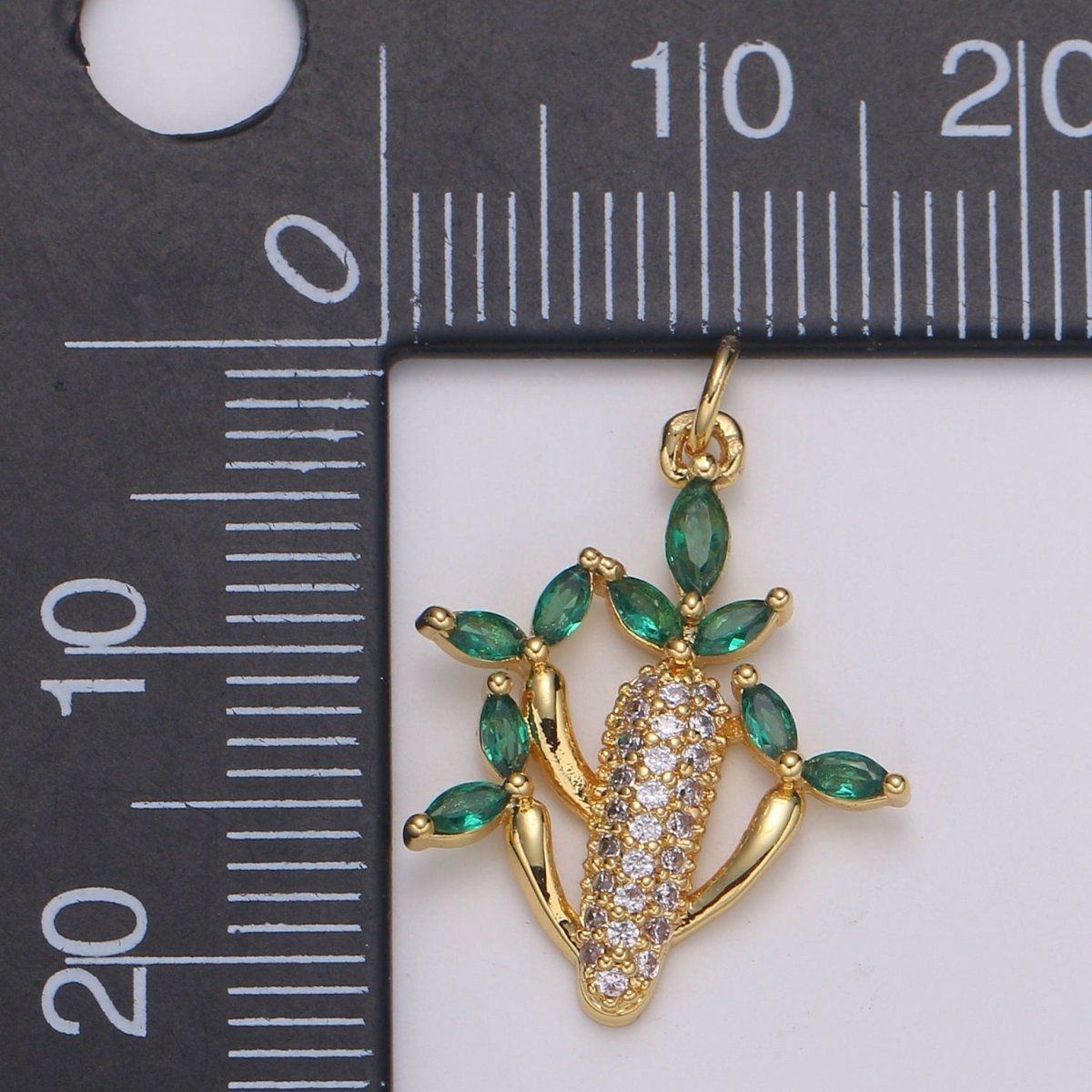 24k Gold plated Cactus green leaf CZ Charm, Succulent Zirconia Pendant, Corncob Cubic Pave for DIY craft making E-199 - DLUXCA