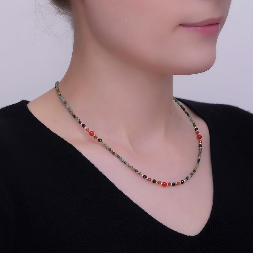 24K Gold plated Carnelian Amazonite Multifaceted Crystal Gemstone 17 Inch Necklace | WA - 2868 