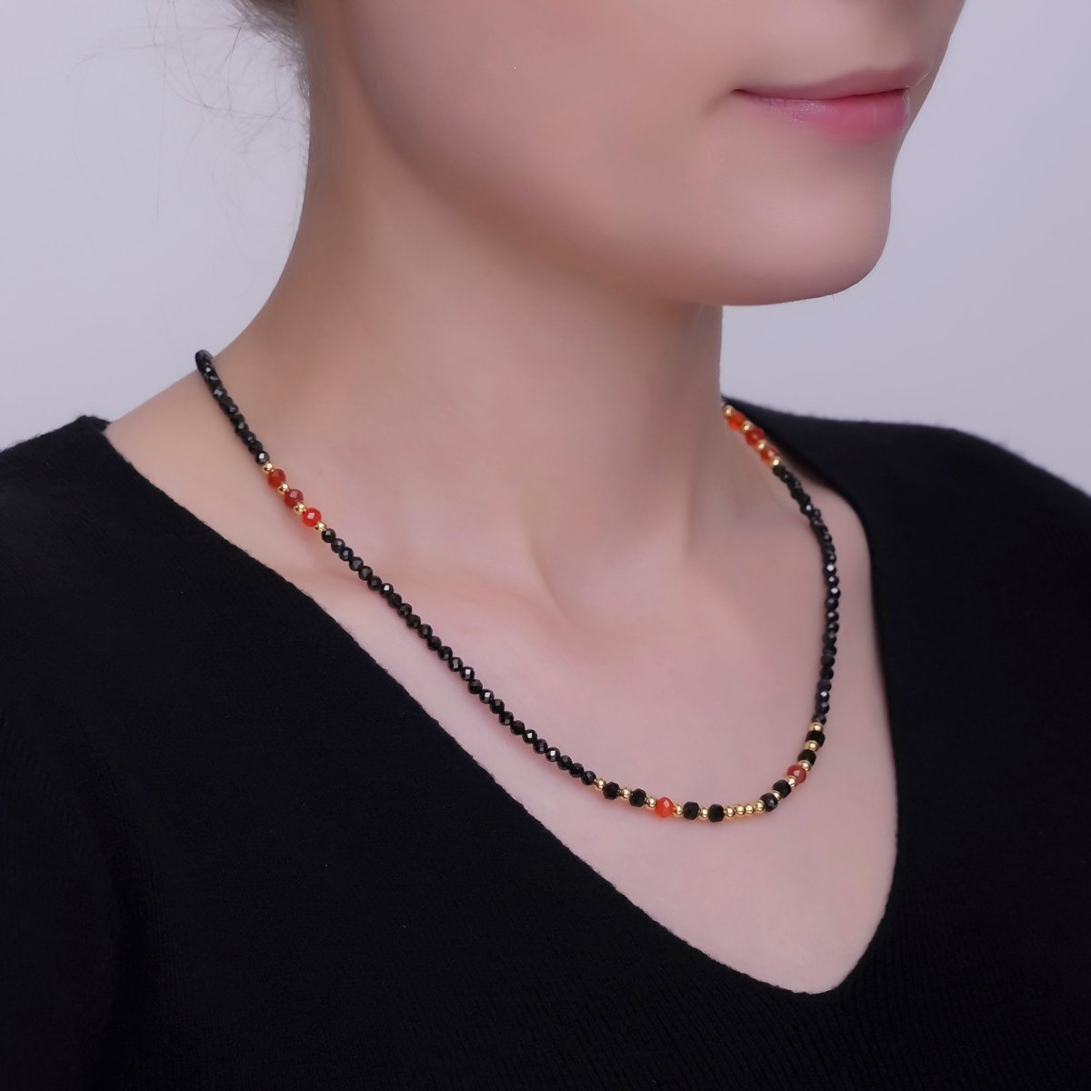 24K Gold plated Carnelian Onyx Multifaceted Crystal Gemstone 18 Inch Necklace | WA - 2874 