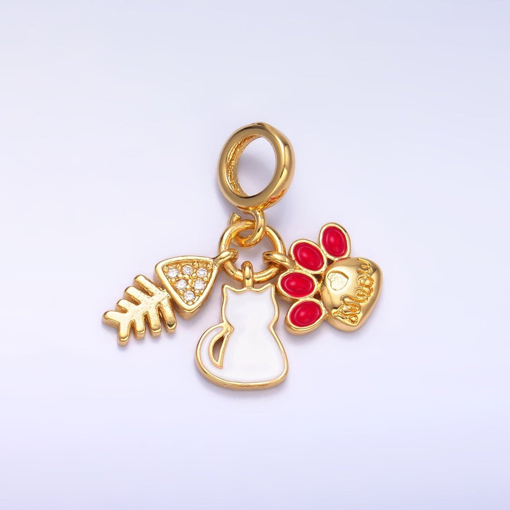 24K Gold plated Cat Pawprint Fish Bone Rhondelle Drop Pendant | E799 