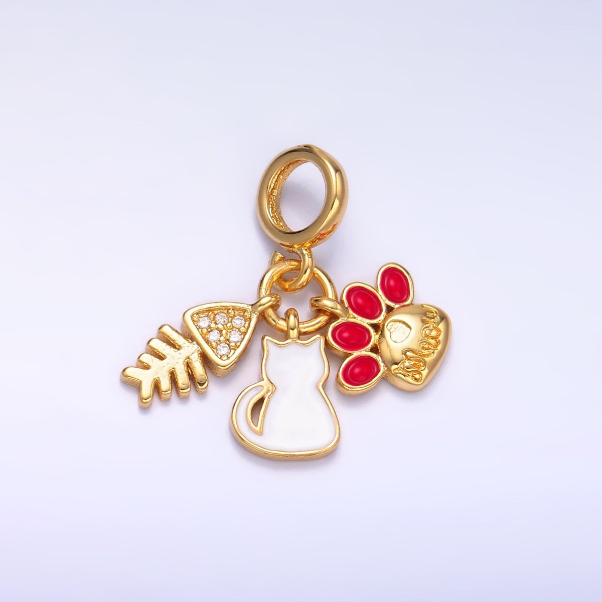 24K Gold plated Cat Pawprint Fish Bone Rhondelle Drop Pendant | E799 