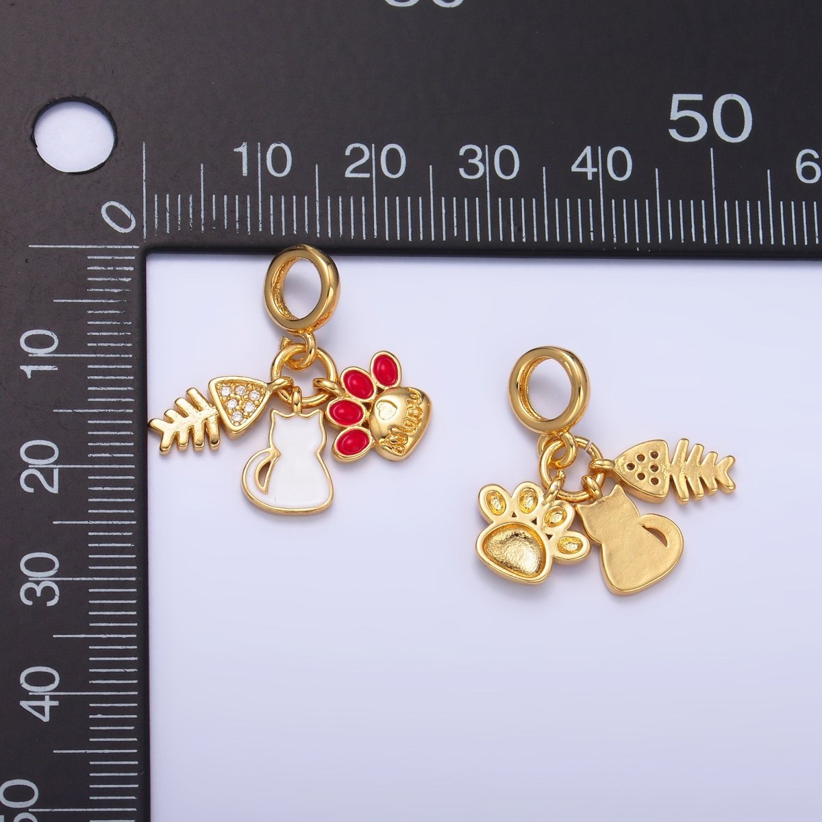 24K Gold plated Cat Pawprint Fish Bone Rhondelle Drop Pendant | E799 