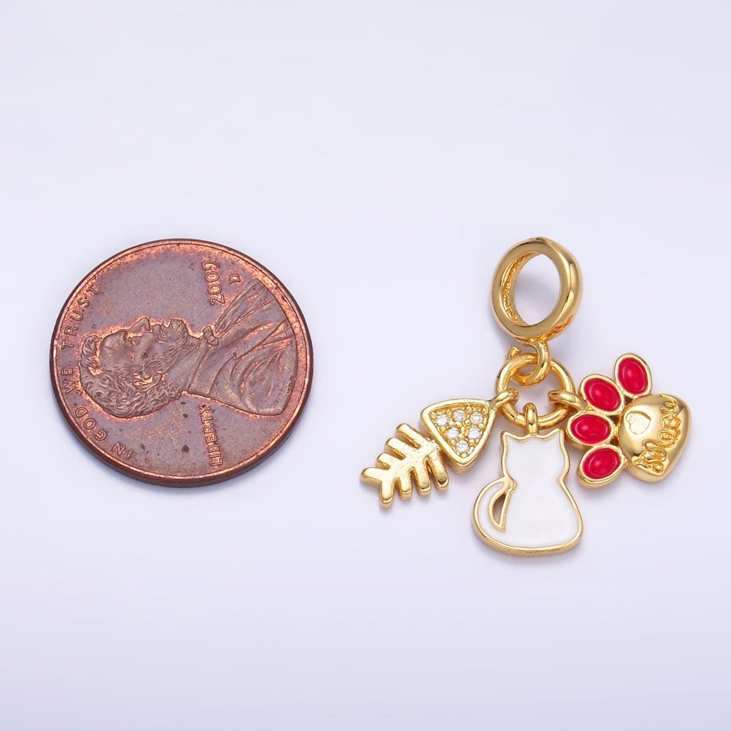 24K Gold plated Cat Pawprint Fish Bone Rhondelle Drop Pendant | E799 
