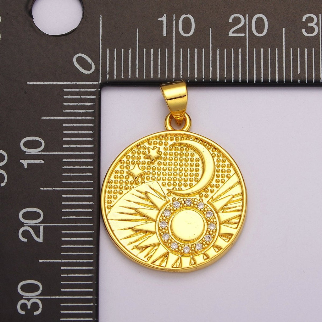 24K Gold plated Celestial Charm, Round Sun Moon Stars Charm Pendant Celestial Medallion Charm for Necklace Bracelet Component N-1391 - DLUXCA