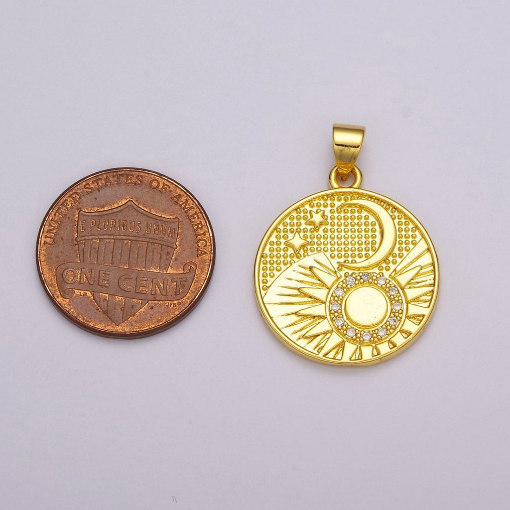 24K Gold plated Celestial Charm, Round Sun Moon Stars Charm Pendant Celestial Medallion Charm for Necklace Bracelet Component N-1391 - DLUXCA