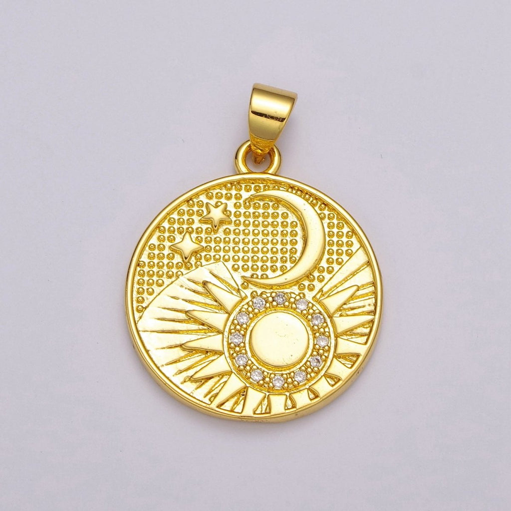 24K Gold plated Celestial Charm, Round Sun Moon Stars Charm Pendant Celestial Medallion Charm for Necklace Bracelet Component N-1391 - DLUXCA