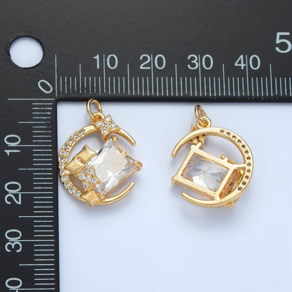 24K Gold plated Celestial Crescent Moon Baguette Micro Paved CZ Charm | X288 - DLUXCA