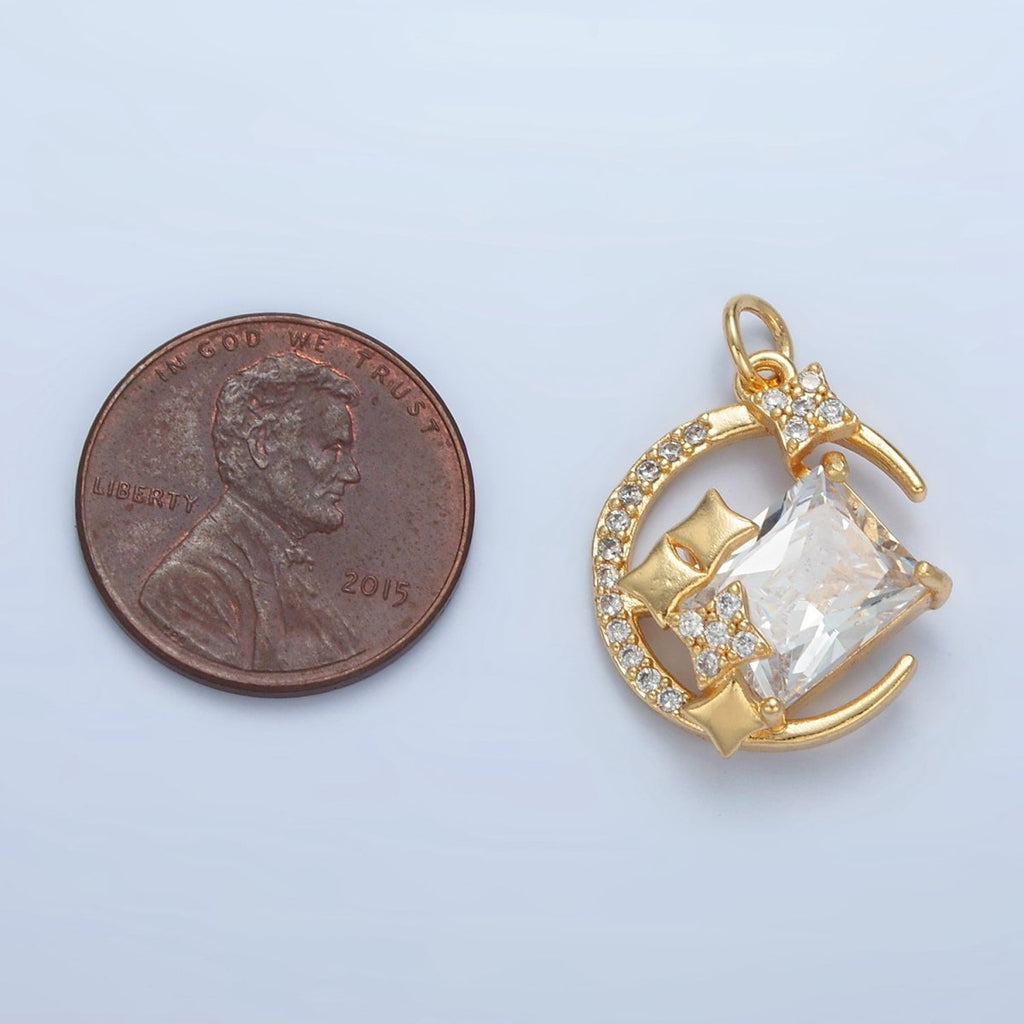 24K Gold plated Celestial Crescent Moon Baguette Micro Paved CZ Charm | X288 - DLUXCA