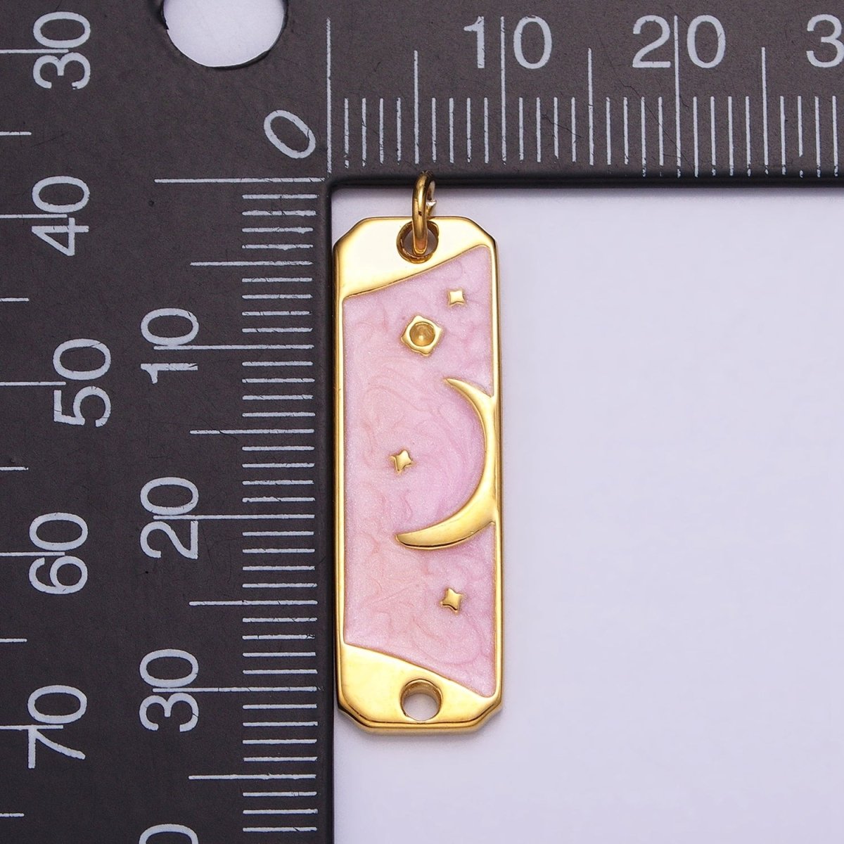 24K Gold plated Celestial Crescent Moon Stars White, Pink Sparkly Enamel Tag Bar Double Loop Charm in Gold & Silver | AC577 - AC580