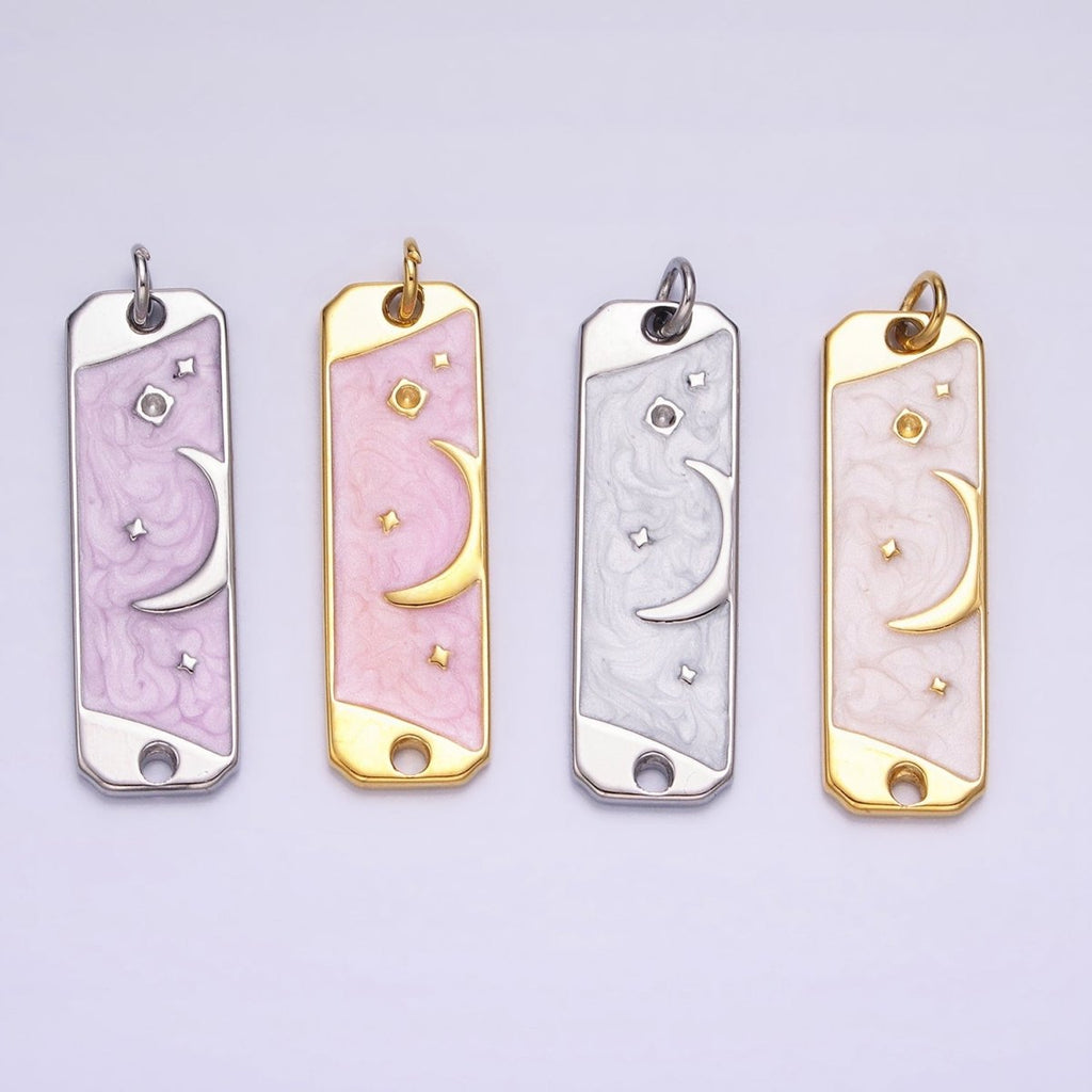 24K Gold plated Celestial Crescent Moon Stars White, Pink Sparkly Enamel Tag Bar Double Loop Charm in Gold & Silver | AC577 - AC580