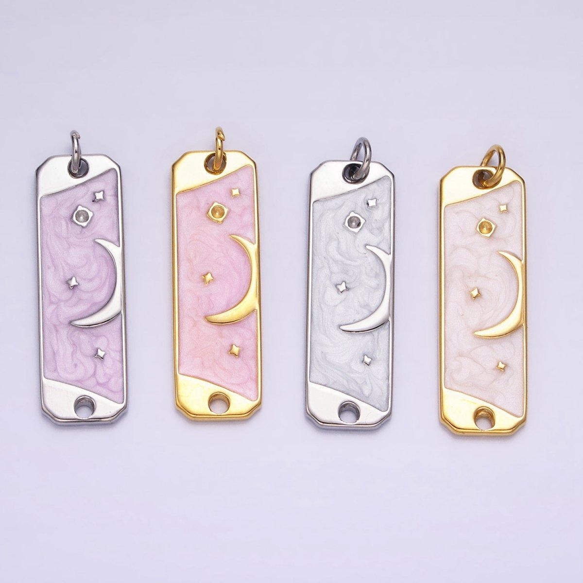 24K Gold plated Celestial Crescent Moon Stars White, Pink Sparkly Enamel Tag Bar Double Loop Charm in Gold & Silver | AC577 - AC580