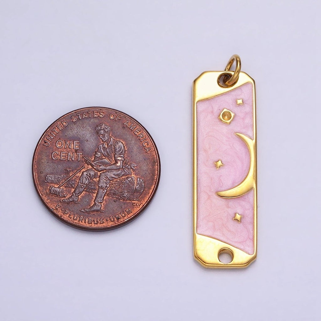 24K Gold plated Celestial Crescent Moon Stars White, Pink Sparkly Enamel Tag Bar Double Loop Charm in Gold & Silver | AC577 - AC580