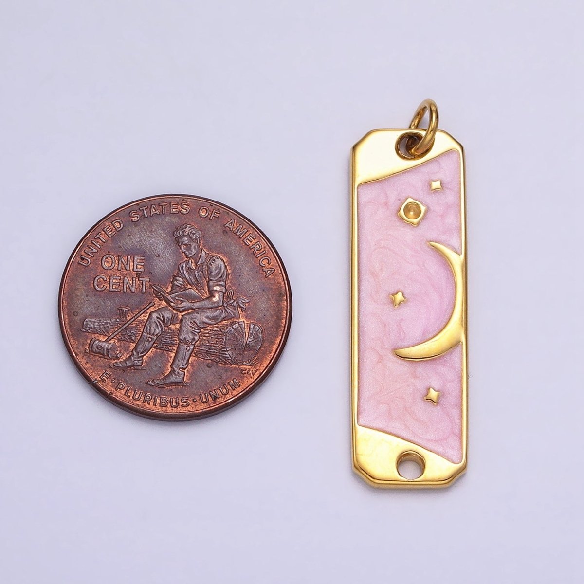 24K Gold plated Celestial Crescent Moon Stars White, Pink Sparkly Enamel Tag Bar Double Loop Charm in Gold & Silver | AC577 - AC580