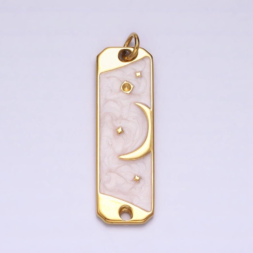 24K Gold plated Celestial Crescent Moon Stars White, Pink Sparkly Enamel Tag Bar Double Loop Charm in Gold & Silver | AC577 - AC580
