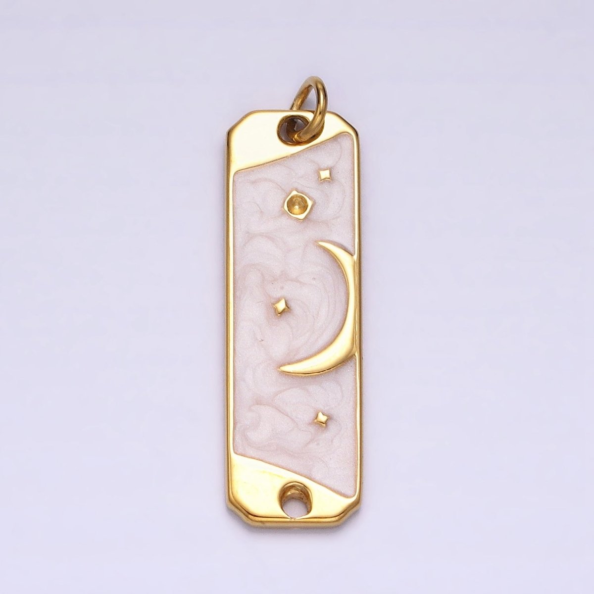 24K Gold plated Celestial Crescent Moon Stars White, Pink Sparkly Enamel Tag Bar Double Loop Charm in Gold & Silver | AC577 - AC580